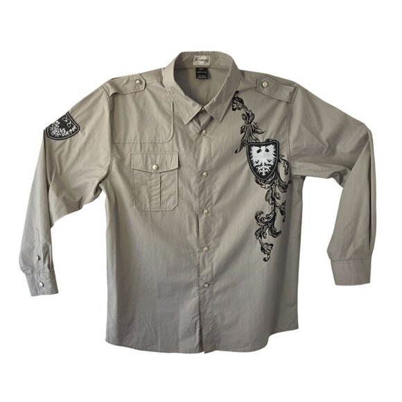 Russo Spirit Shirt Men 3XL Gothic Crest Wing Graphic Btn Up Y2K Affliction Style - Picture 2 of 12